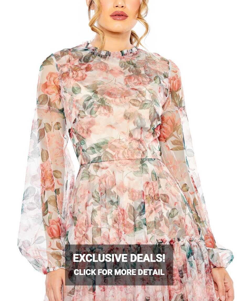 White Multi Mac Duggal 11405 Long Sleeve Formal Floral Print Midi ...