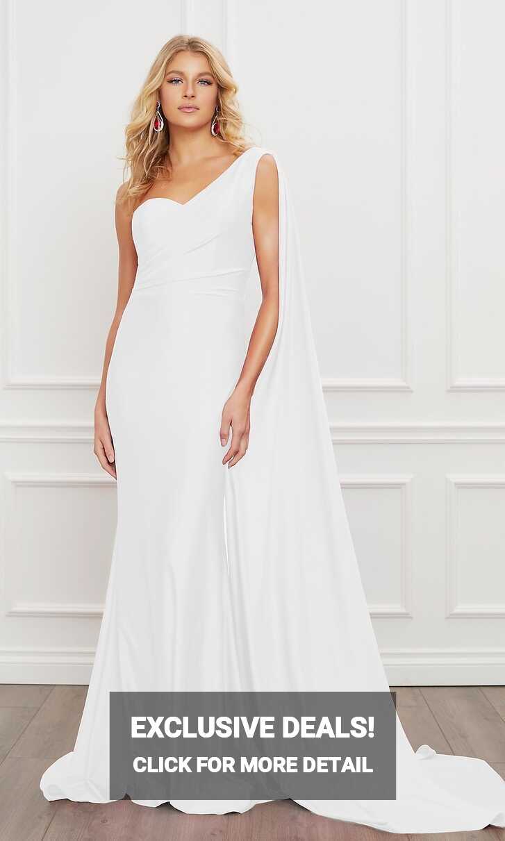 White One-Shoulder Draped Long Formal Gown with Train