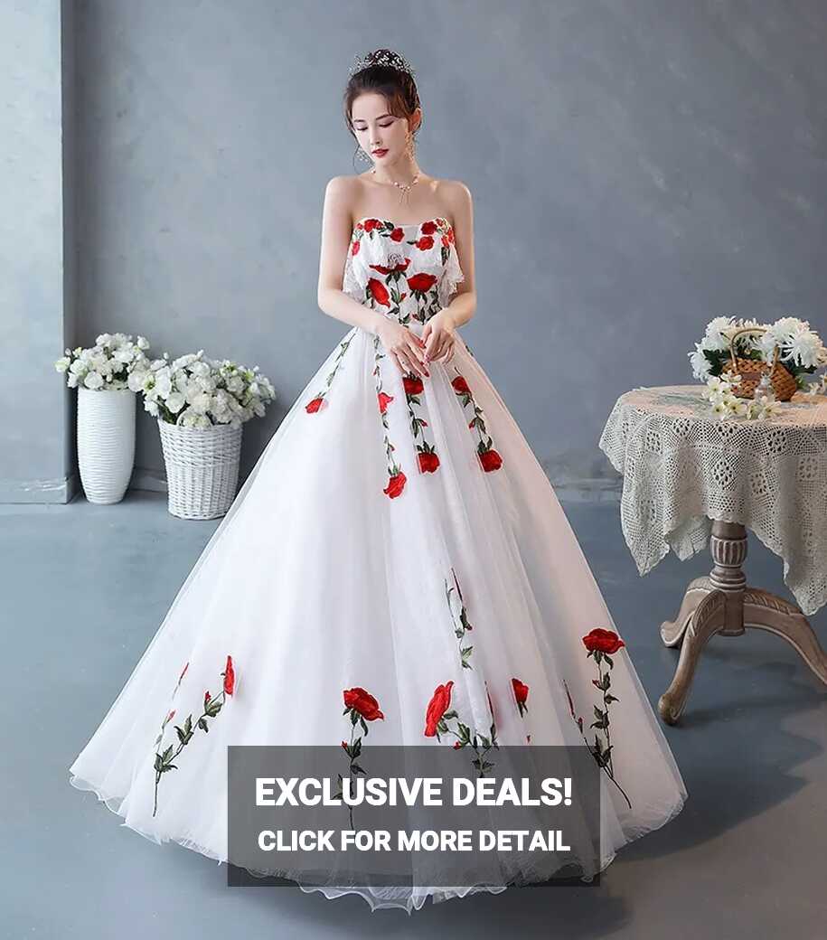 White Princess Ball Gown With Rose Embroidery Medieval Renaissance ...