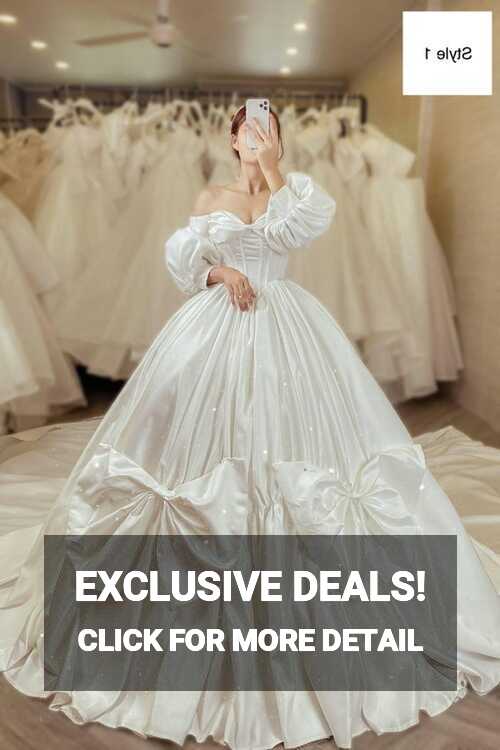 White Princess Long or Short Sleeves Satin Ball Gown Wedding Dress ...