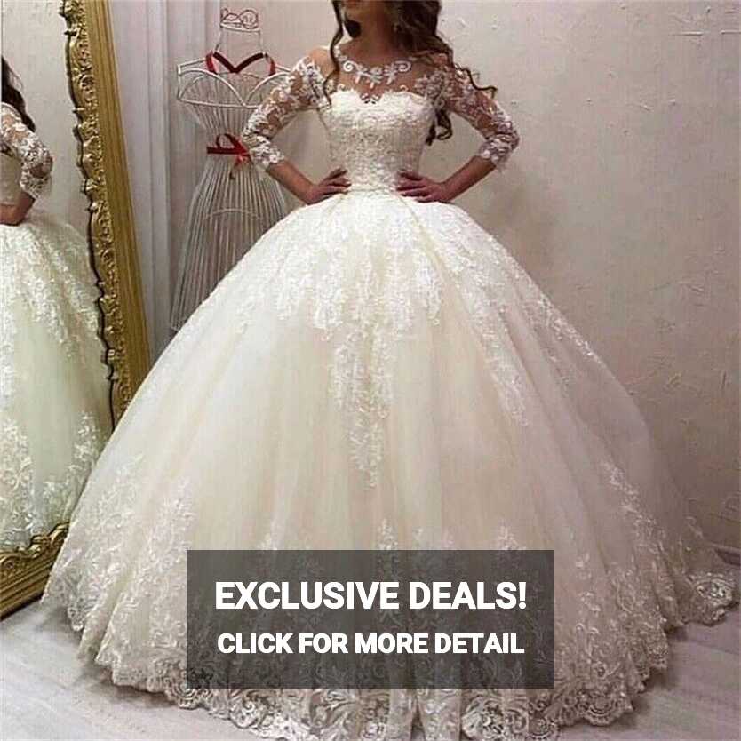 White Princess Wedding Dresses V Neck Long Sleeves Lace Appliques ...