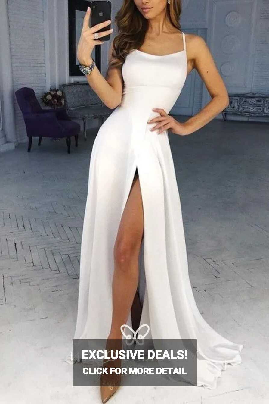 White Satin Simple A-line Slit Long Prom Party Dress - VQ