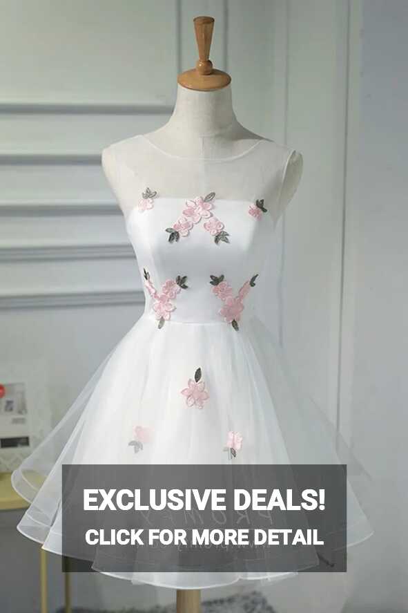 White Short Cocktail Dress with Pink Lace Flowers - Promfy