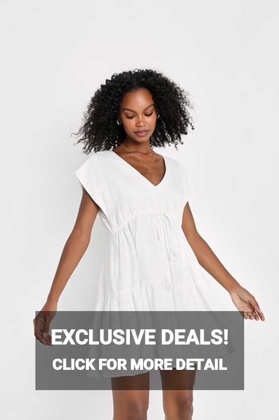 White Short Sleeve Dress - Tiered Mini Dress - Drawstring Dress ...