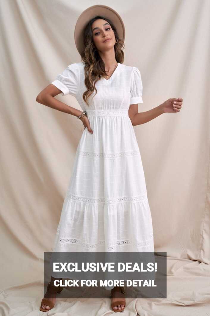 White Short Sleeve V Neck Cotton Maxi Dress With Zipper Back ...