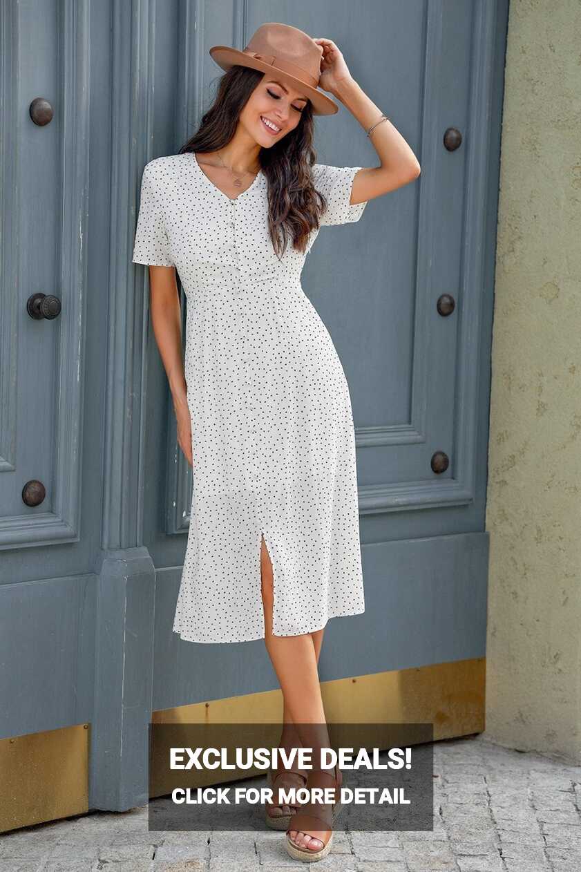 White Short Sleeve V Neck Summer Midi Dress - Petallush