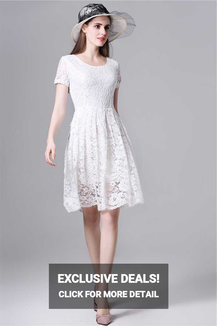 White Simple Short Sleeve A-Line Knee Length Lace Overlay ...