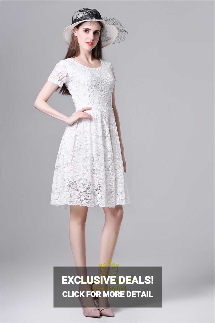 White Simple Short Sleeve A-Line Knee Length Lace Overlay Casual Dress