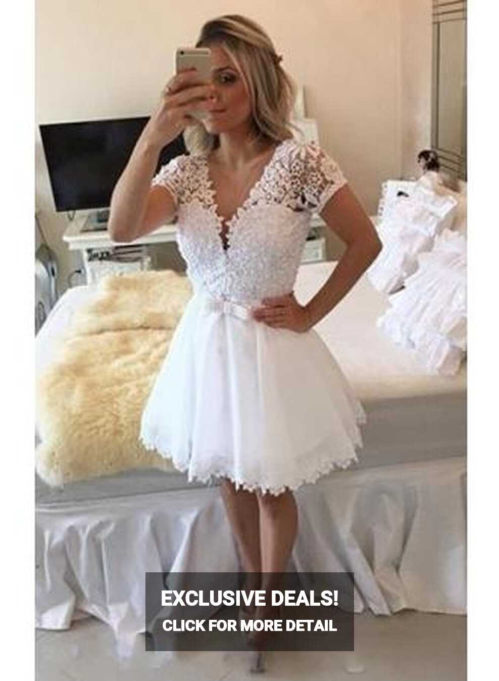 White Sparkly Lace Sleeved Short 8th Grade Formal Dress ...