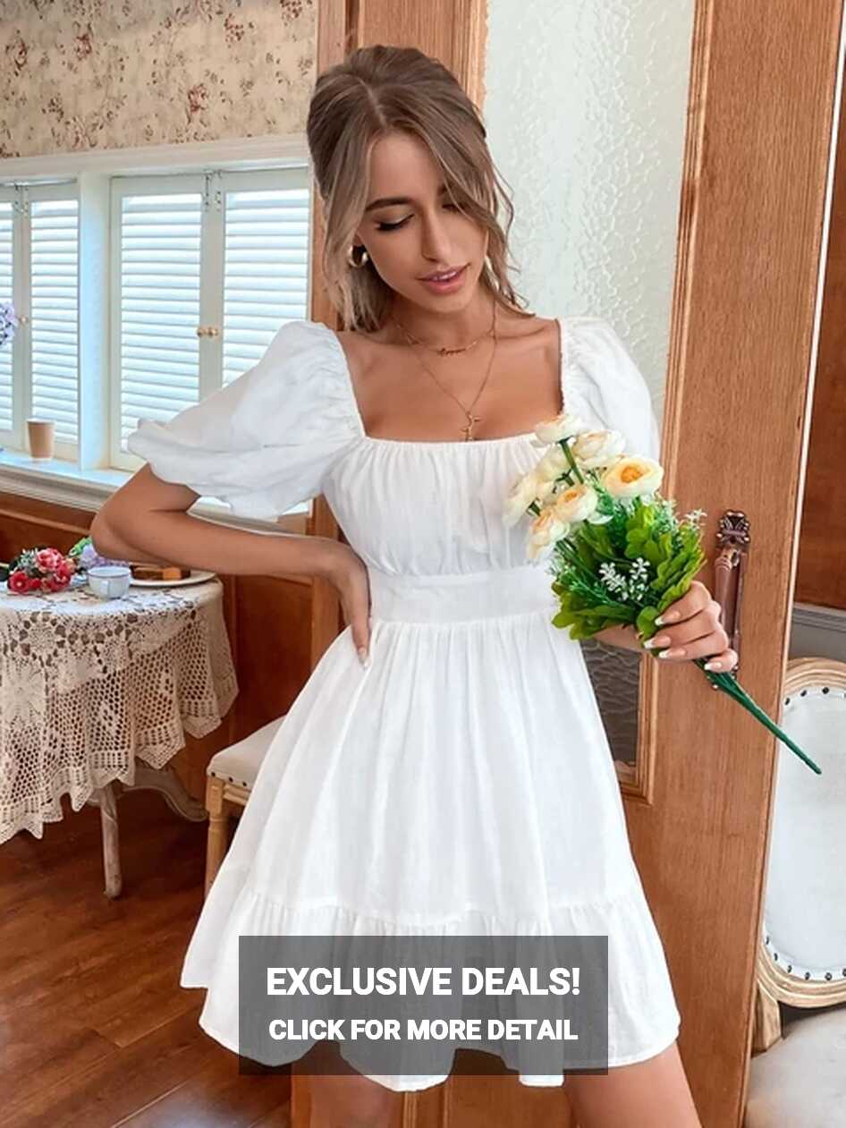 White Summer Dress Backless Lace Up Ruffles Ruched Solid Tie Back ...