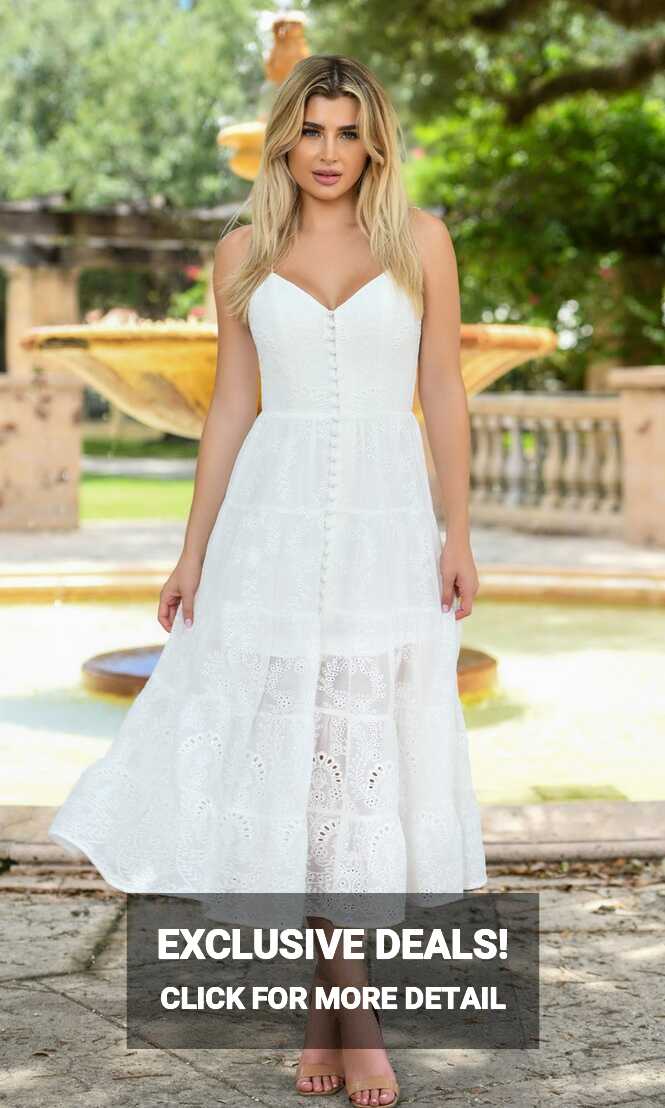 White Tiered Eyelet Midi Graduation Dress with Buttons