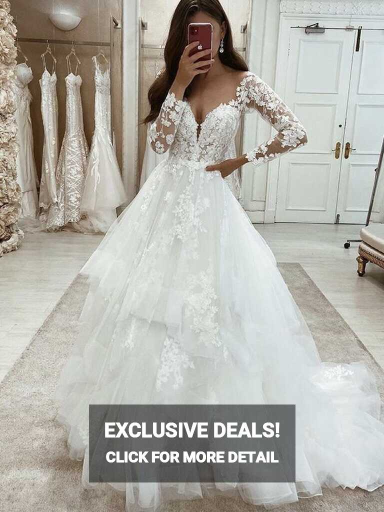 White Tiered Lace Wedding Dresses V-Neck Long Sleeves A Line ...