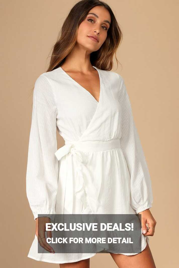 White Wrap Dress - Ruffled Wrap Dress - Long Sleeve Wrap Dress - Lulus