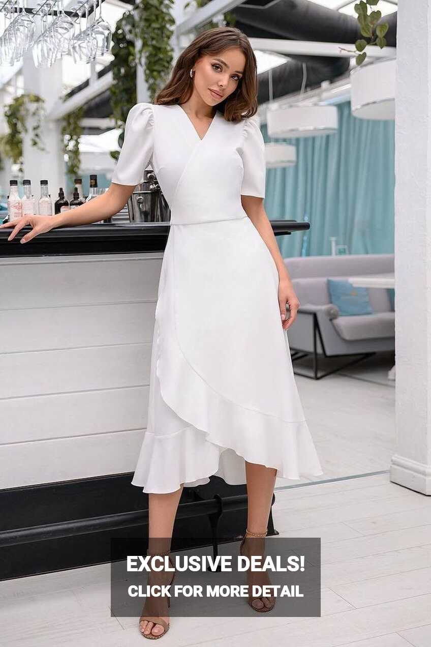 White Wrap Short Sleeve Midi Dress | Classy white dress, Midi ...