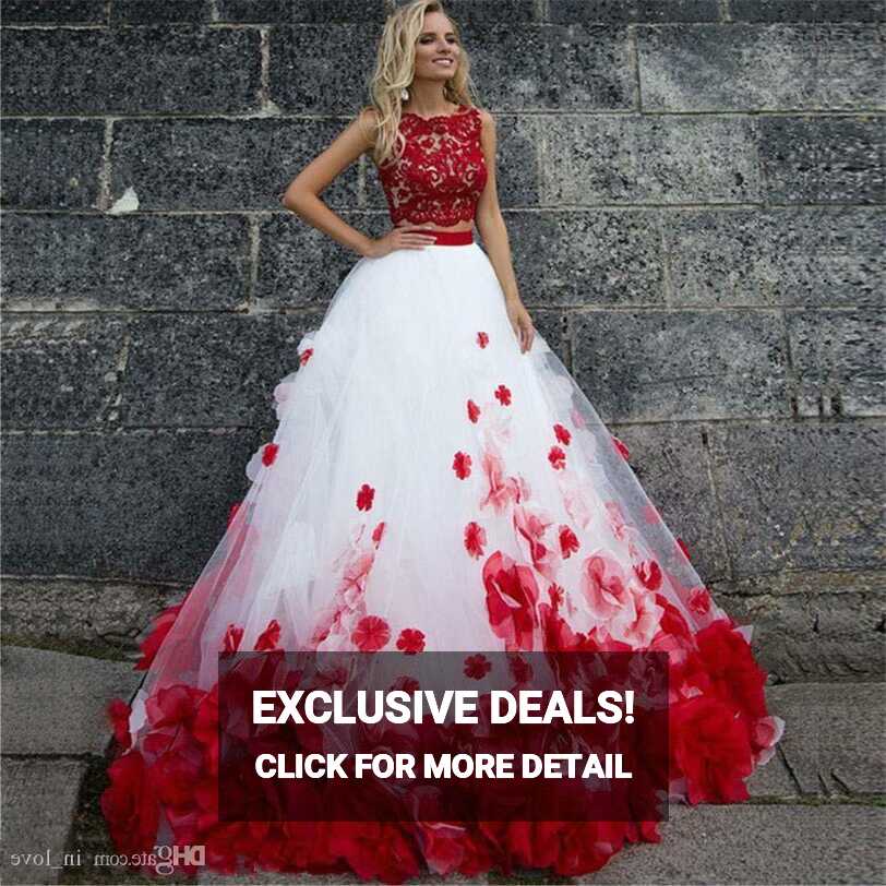 White and Red 2 Pieces Wedding Dress Flower Romantic Bridal Gown ...