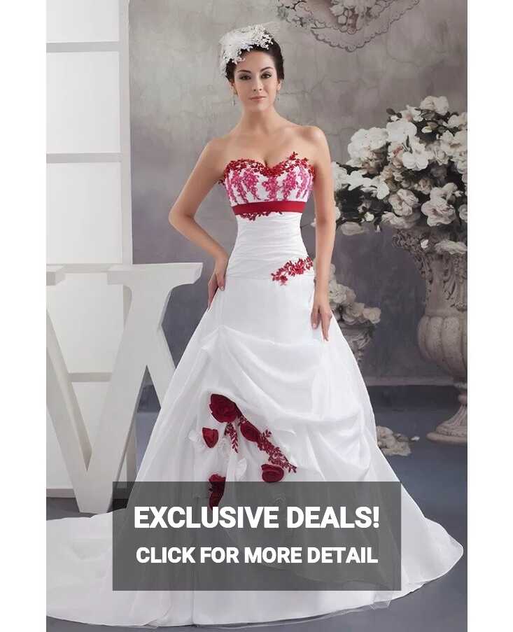 White and Red Flowers Taffeta Lace Color Wedding Dress Sweetheart ...