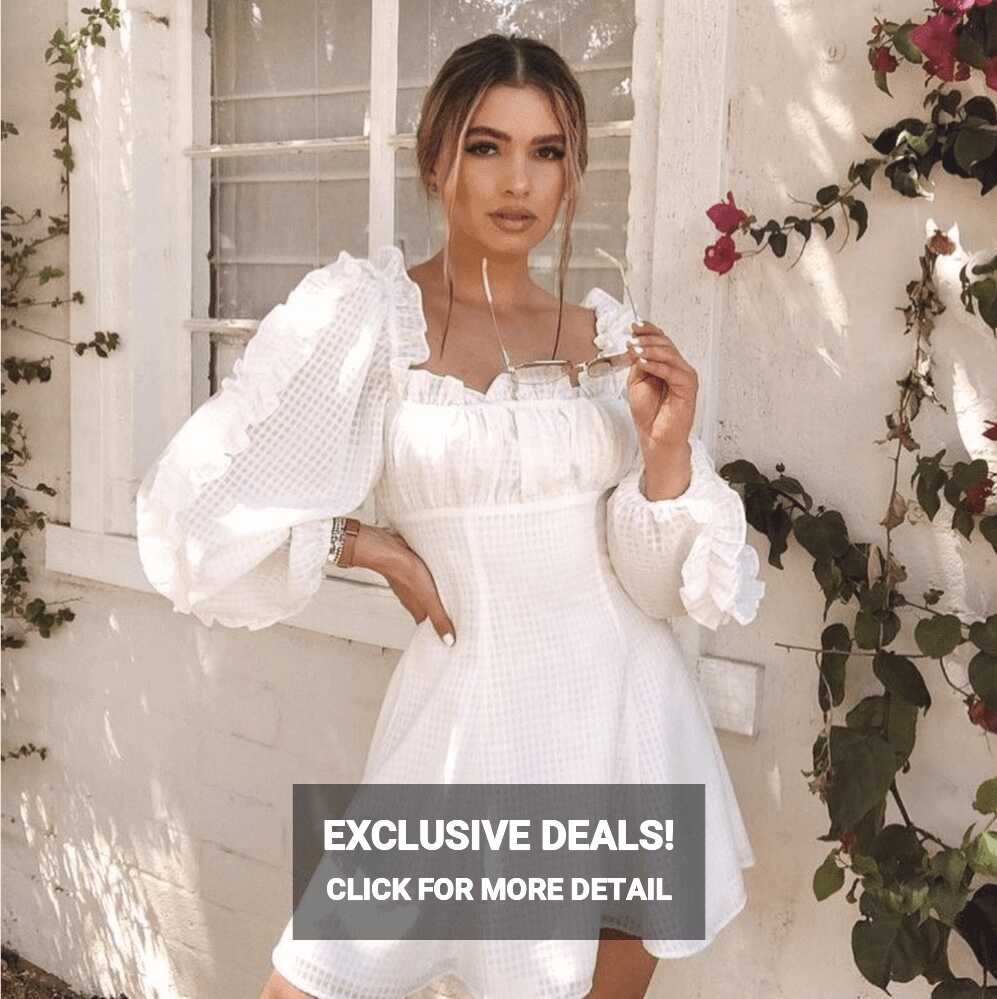 White square neck frill mini dress