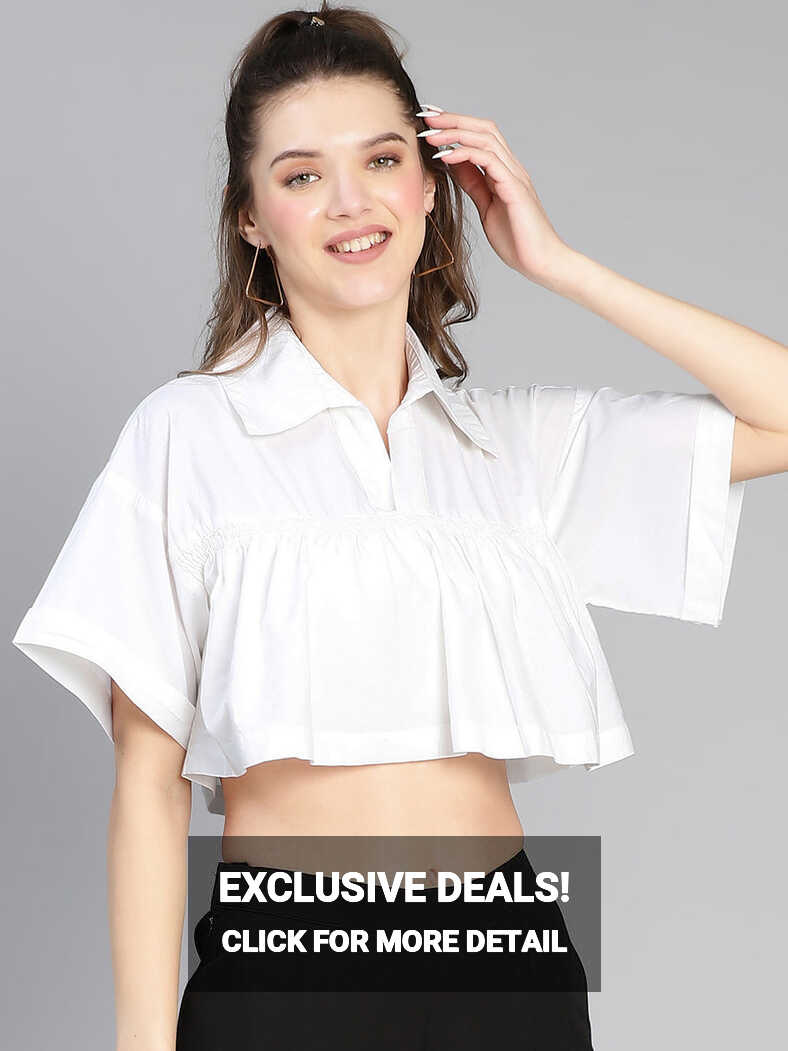 Wholesale Feather White Collared &amp; Flared Women Cotton Crop Top