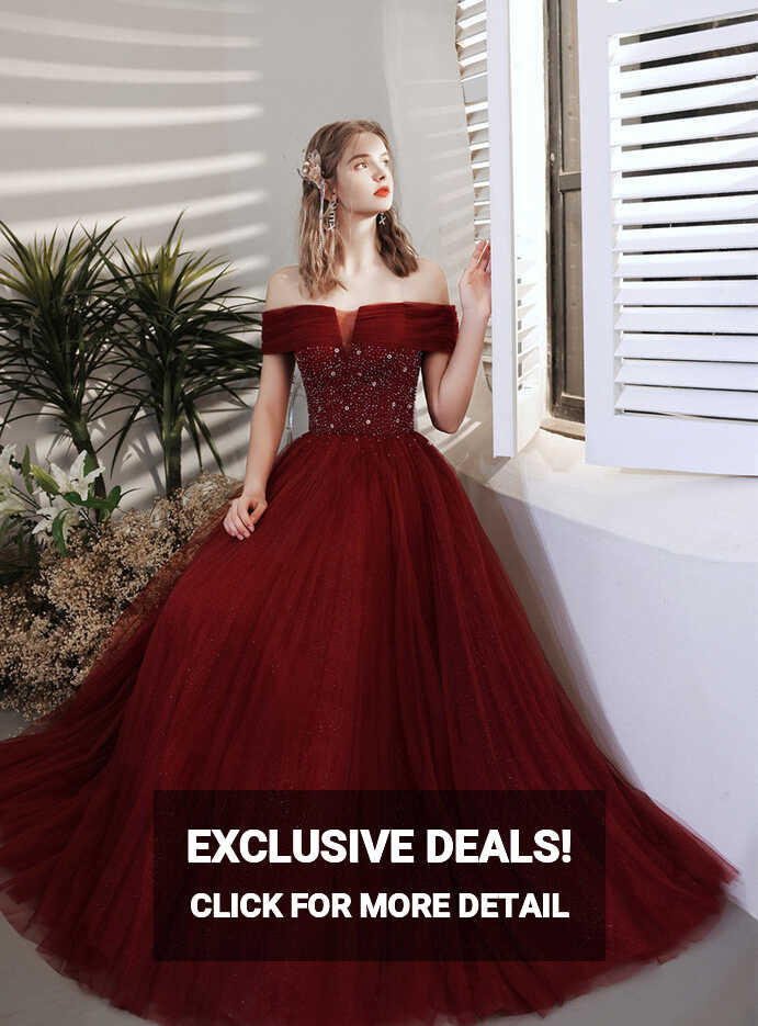 Wine Red Beaded Off Shoulder Lace-up Prom Dress, Wine Red Evening ...