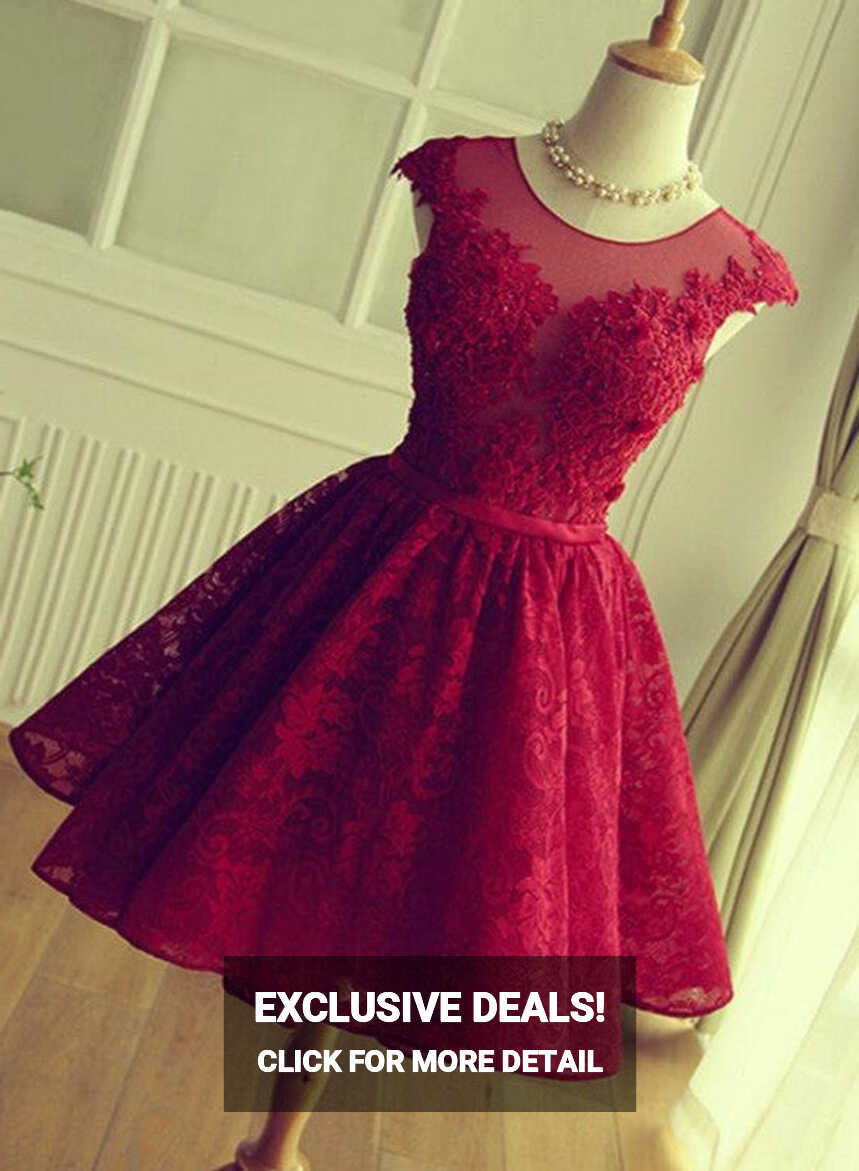 Wine Red Beautiful Lace Short Round Neckline Formal Dresses ...