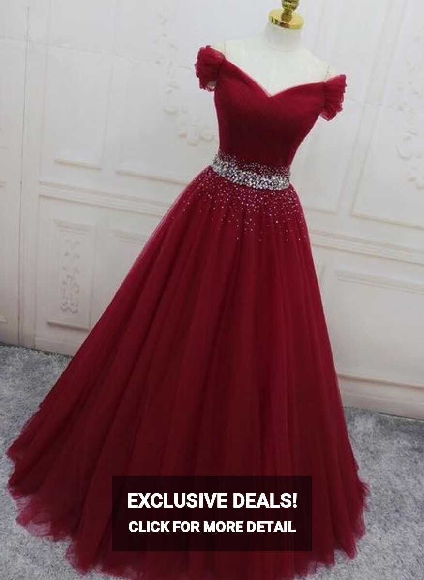 Wine Red Elegant Princess Gown, Handmade Off Shoulder Ball Gowns M7721