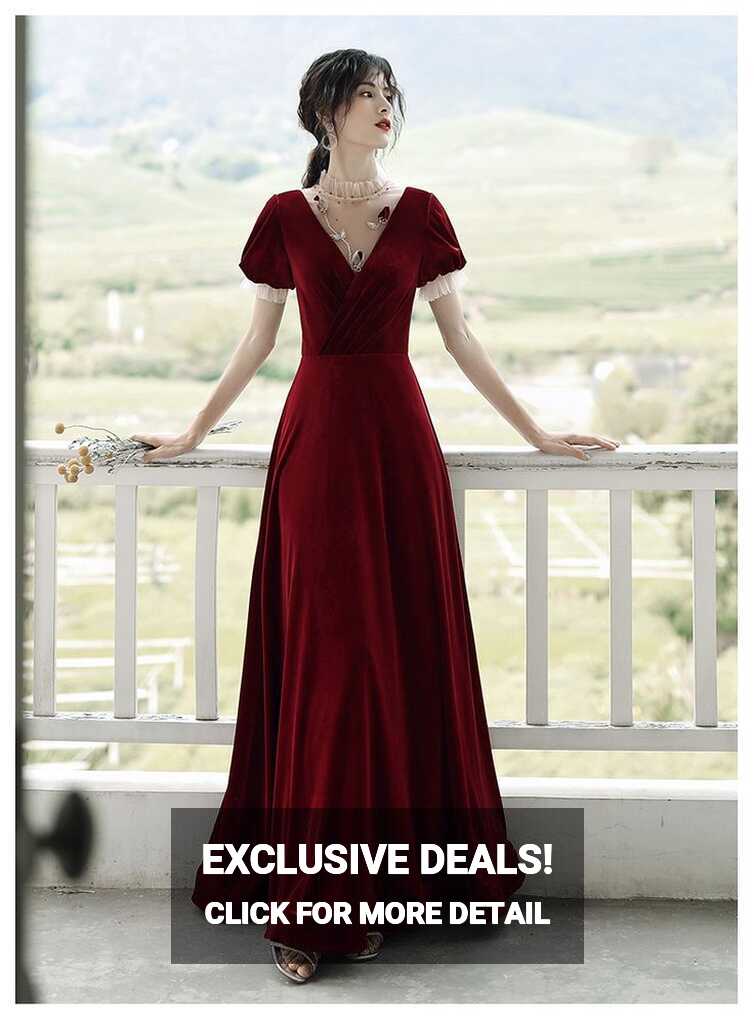 Wine Red Elegant Velvet Short Sleeves Wedding Party Dress Formal ...