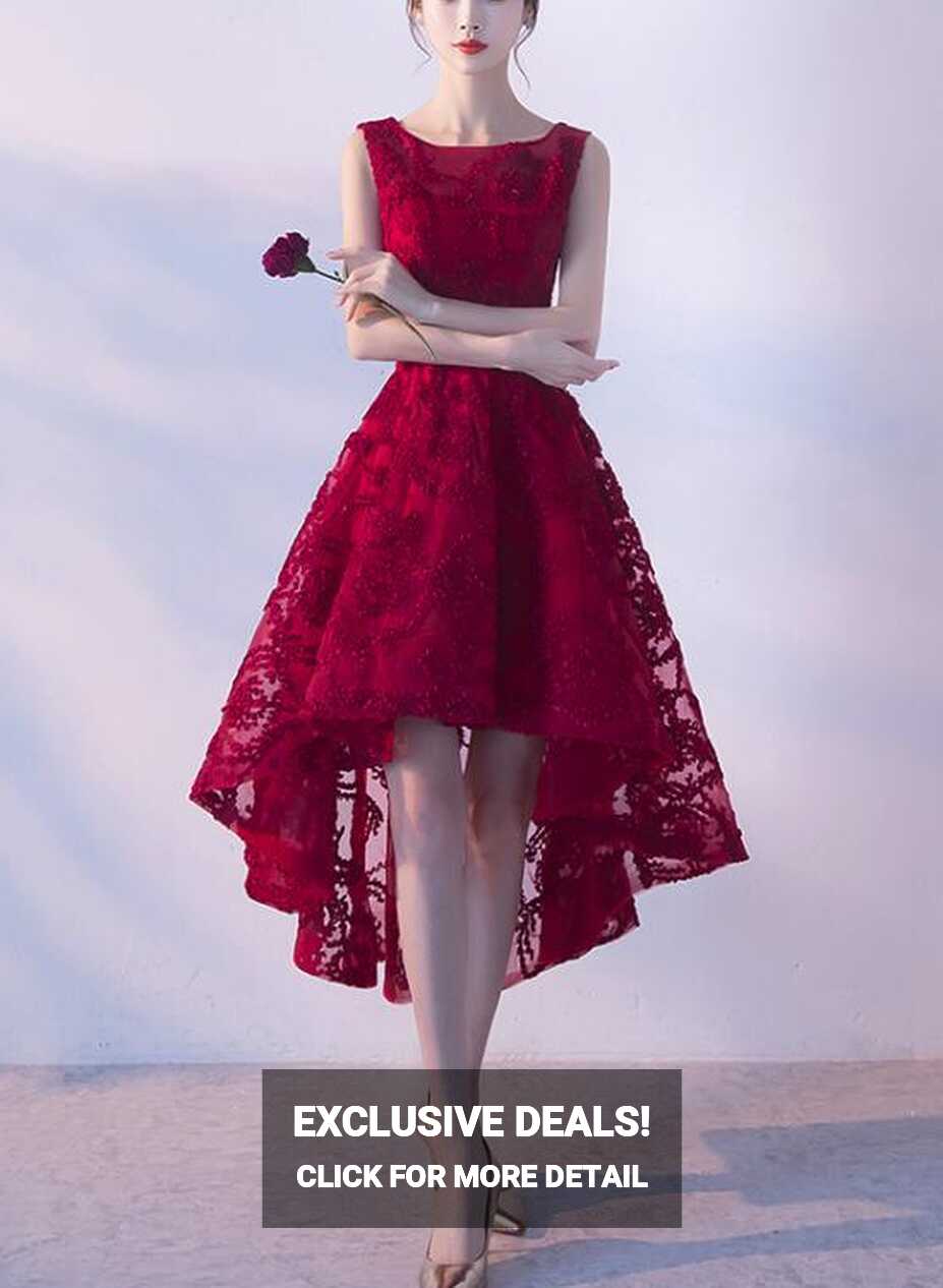 Wine Red Lace High Low Charming Formal Dress, Junior Party Dress ...