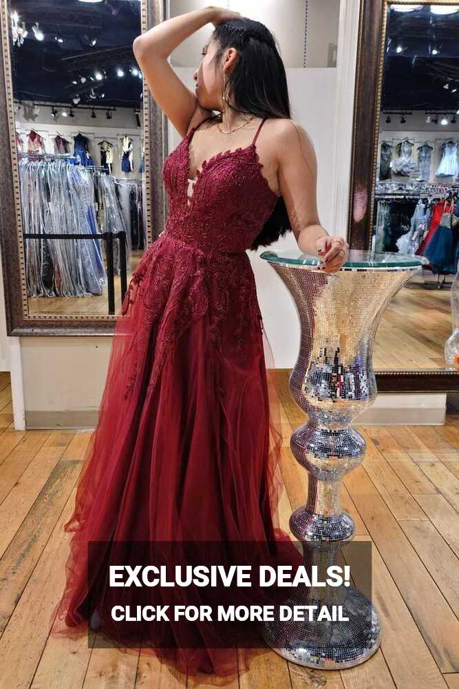 Wine Red Lace Plunge V Lace-Up A-Line Prom Dress – Dreamdressy