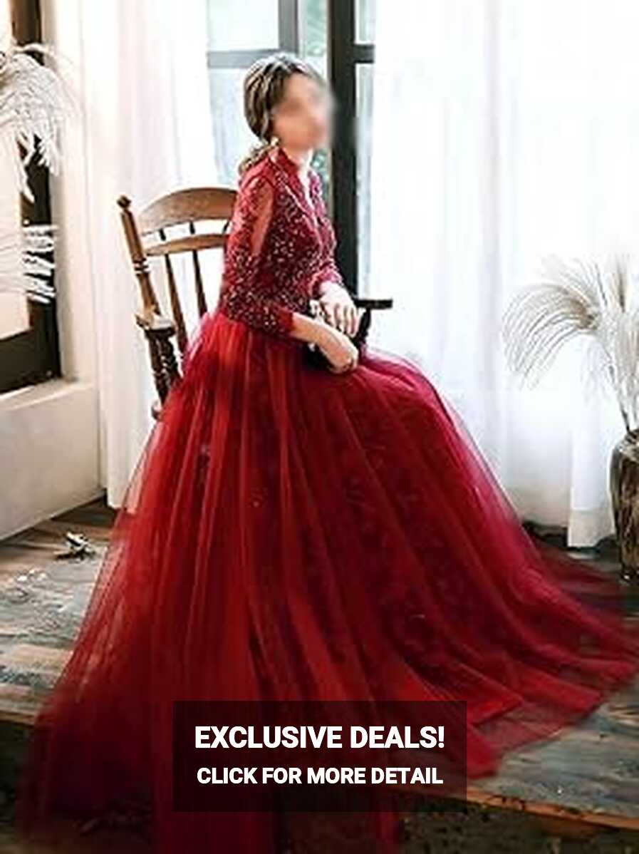 Wine Red Long Sleeve Prom Dresses V-neck A-line Floor-length ...