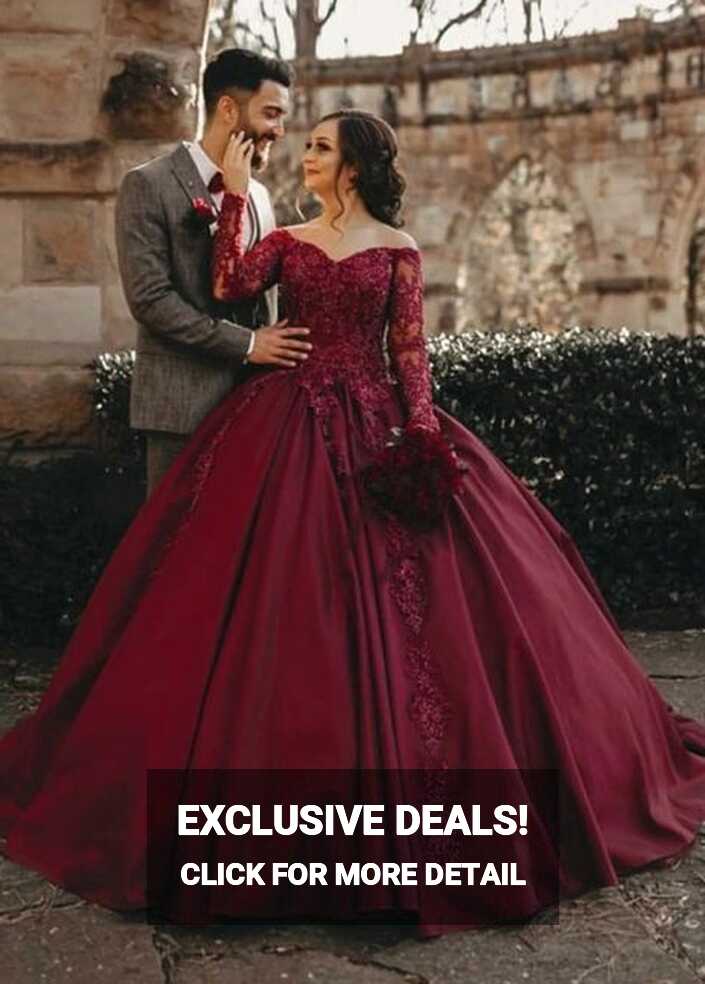 Wine Red Long Sleeve Wedding Dresses Bridal Gowns Luxury