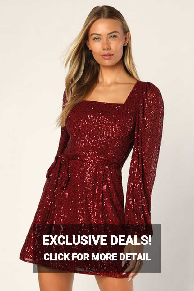 Wine Red Mini Dress - Sequin Mini Dress - Long Sleeve Dress - Lulus