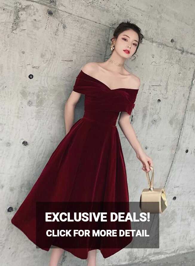 Wine Red Off Shoulder Chic Sweetheart Tea Length Party Dress ...