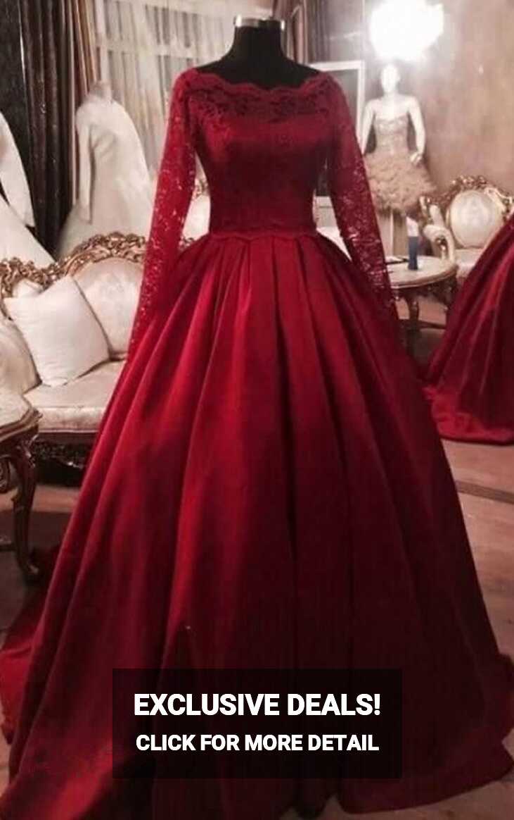 Wine Red Princess Ball Gown, Lace Long Sleeves, Evening Dress. on ...