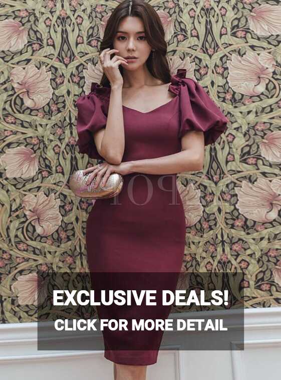 Wine Red Puff Sleeve Knee-length Bodycon Dress