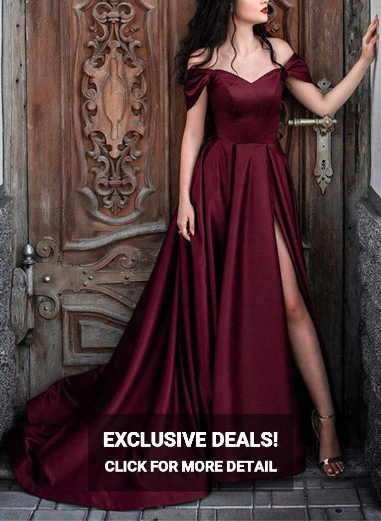 Wine Red Satin Long Prom Dress with Leg Slit, Wine Red Off ...