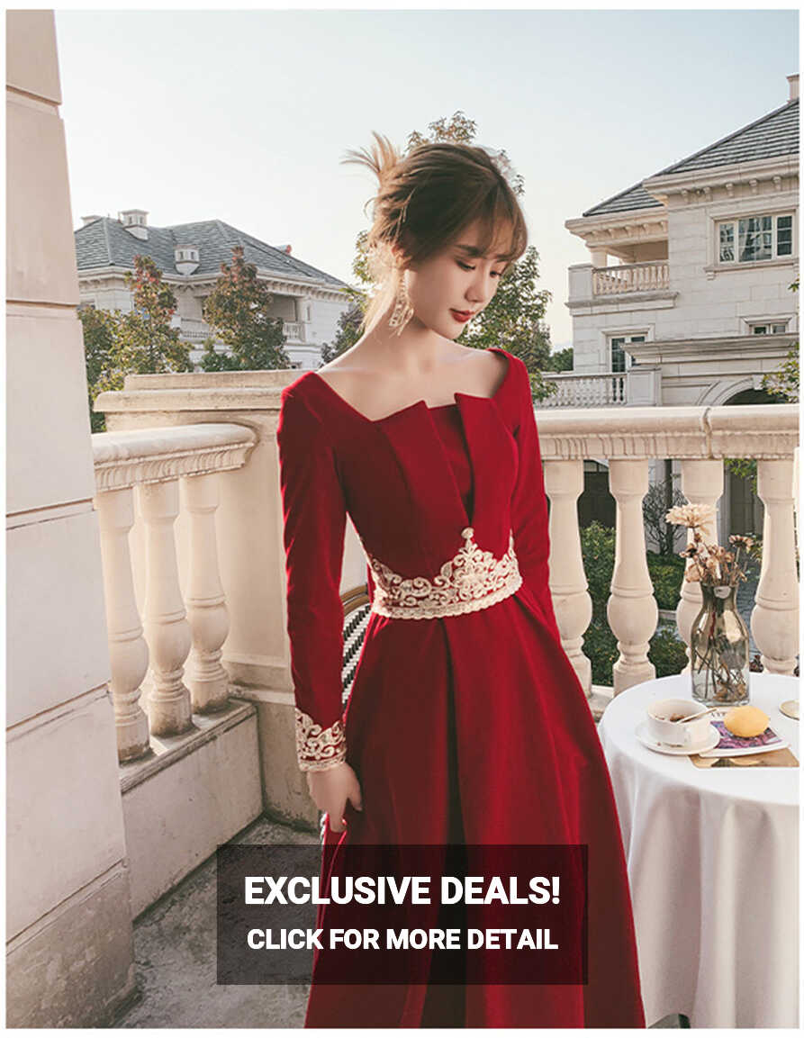 Wine Red Satin Long Sleeve Appliques Lace Back Knot Evening Dress ...