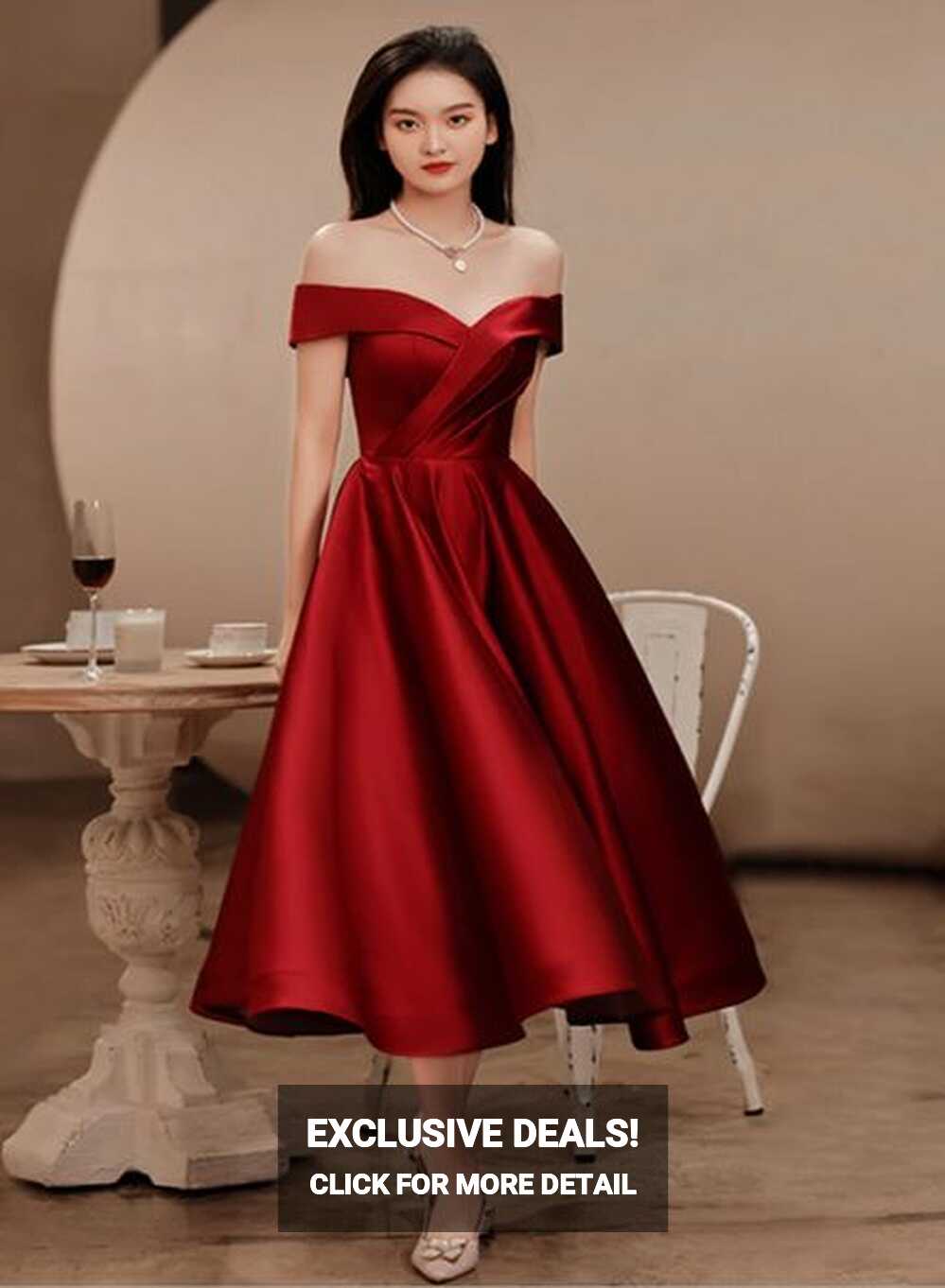 Wine Red Satin Tea Length Bridesmaid Dress Party Dress, Burgundy ...