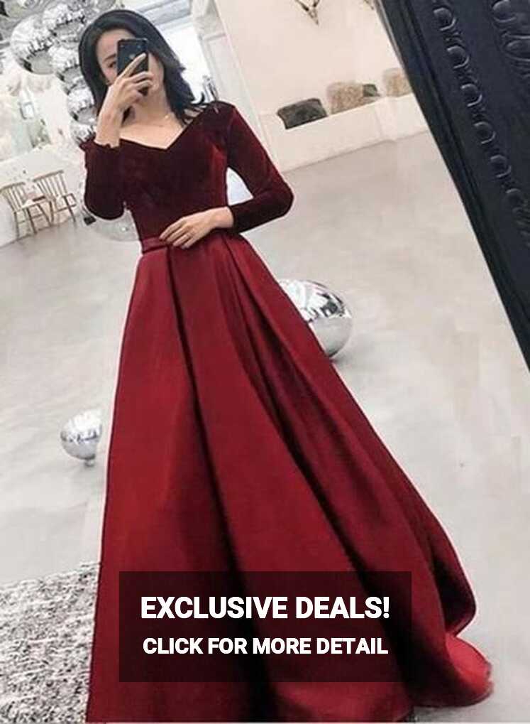 Wine Red Satin and Velvet Long Party Dress, Long Sleeves Evening ...