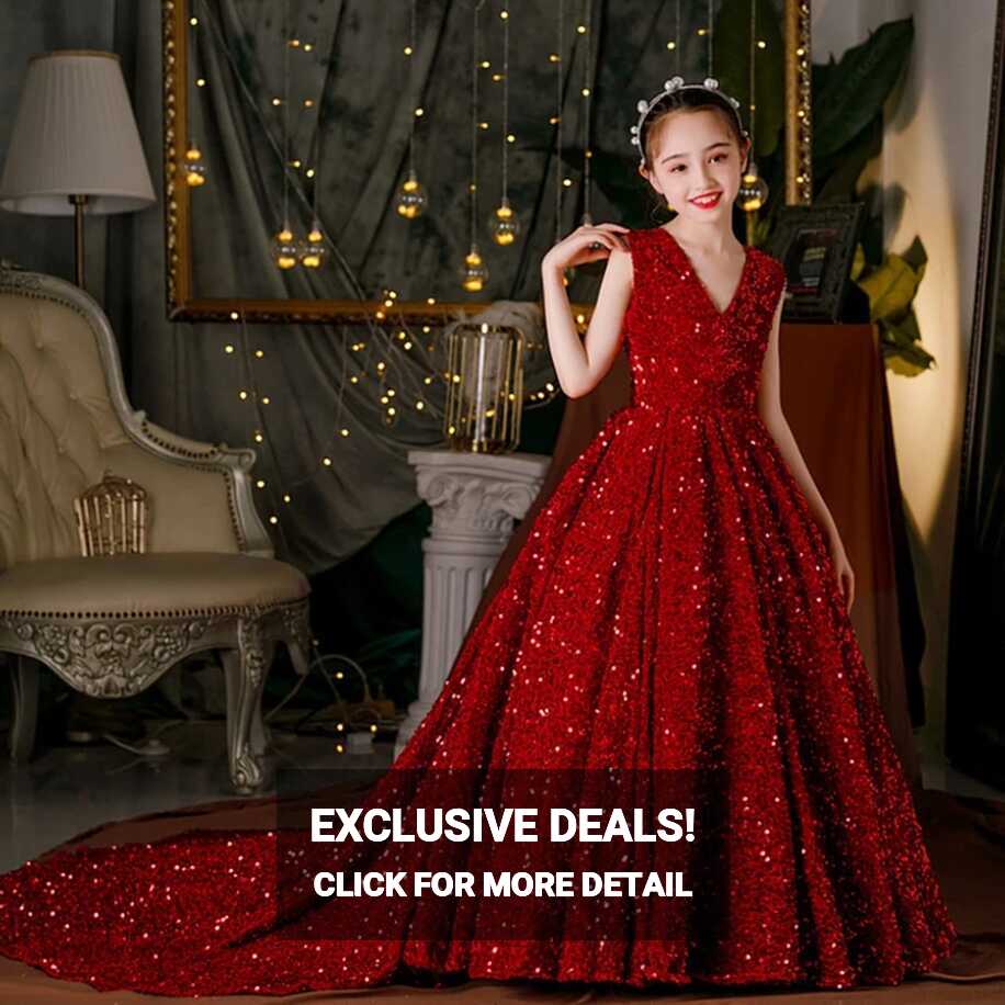 Wine Red Sequin Flower Girl Pageant Mermaid Dresses Long Puffy ...