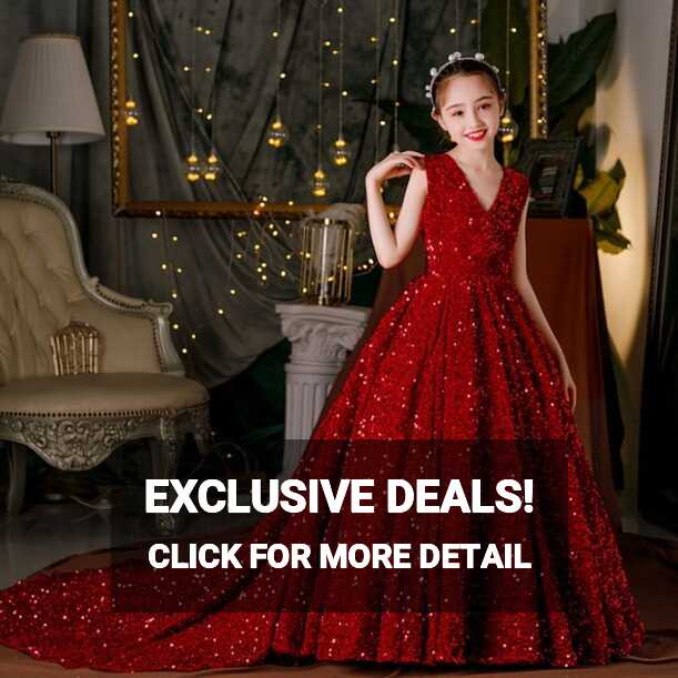 Wine Red Sequin Girl Pageant Dresses Long Puffy Prom Formal ...