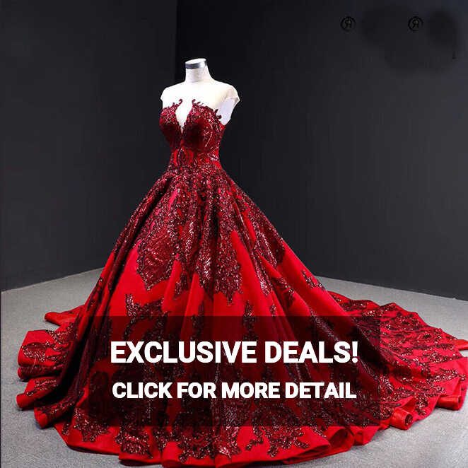 Wine Red Sequin Lace Wedding Dresses Satin A-line Bridal Gown Long ...