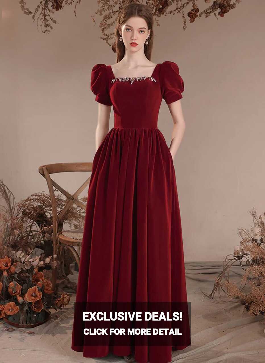 Wine Red Short Sleeves Velvet Long Party Dress, A-line Wine Red ...