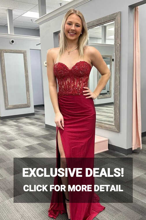 Wine Red Strapless Mermaid Appliques Long Prom Dress with Slit ...