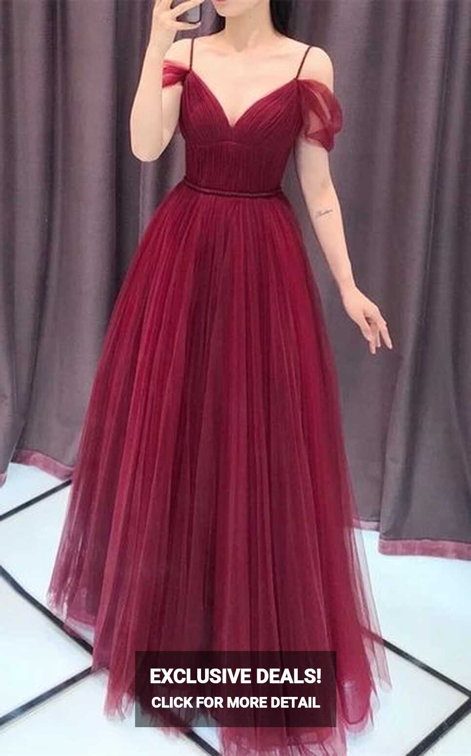 Wine Red Straps Off Shoulder A-line Tulle Evening Dress Party ...