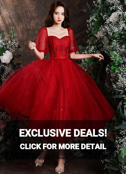 Wine Red Tulle Short Sleeves Tea Length Party Dress with Lace ...