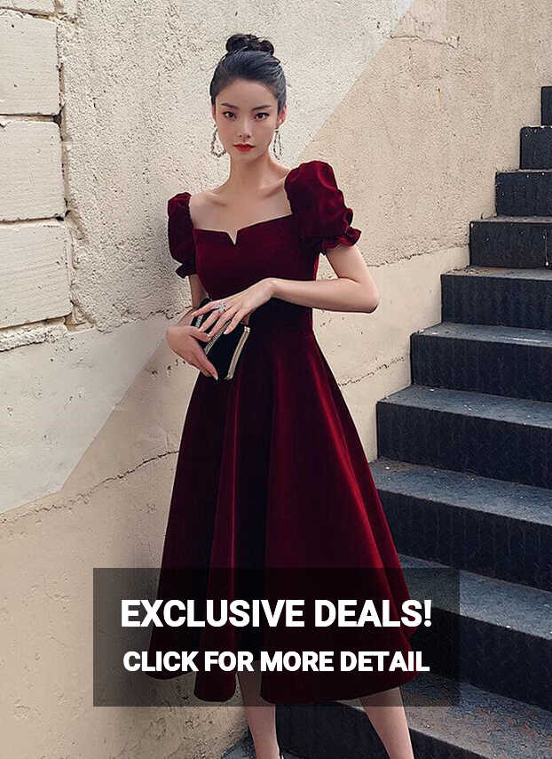 Wine Red Velvet Tea Length Short Sleeves Party Dress, Dark Red ...