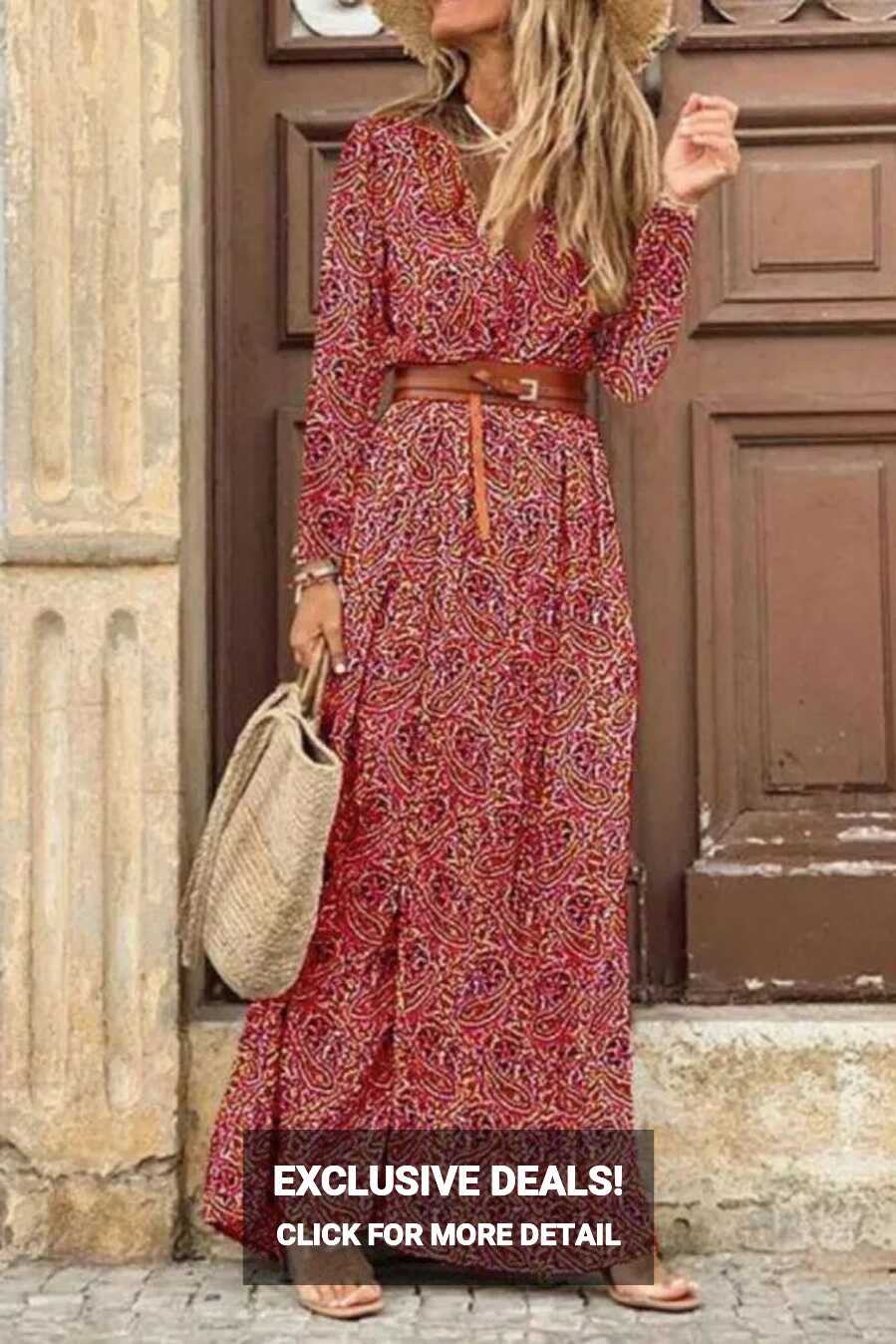 Winter Autumn Fashion Women V Neck Print Long Dress Casual ...