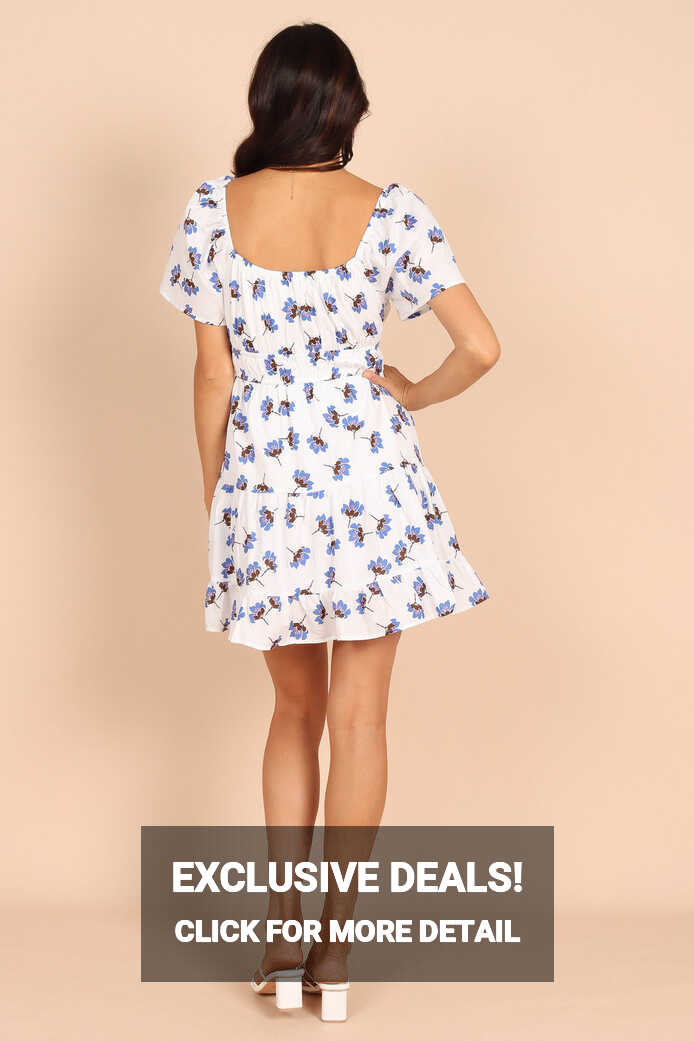 Winterspoon Shirred Waist Mini Dress - White/Blue Floral - Petal ...