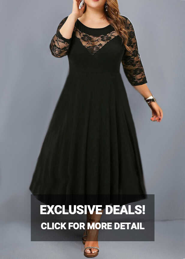 Woman Dress Plus Size Lace Stitching Black Formal Dress 3/4 ...