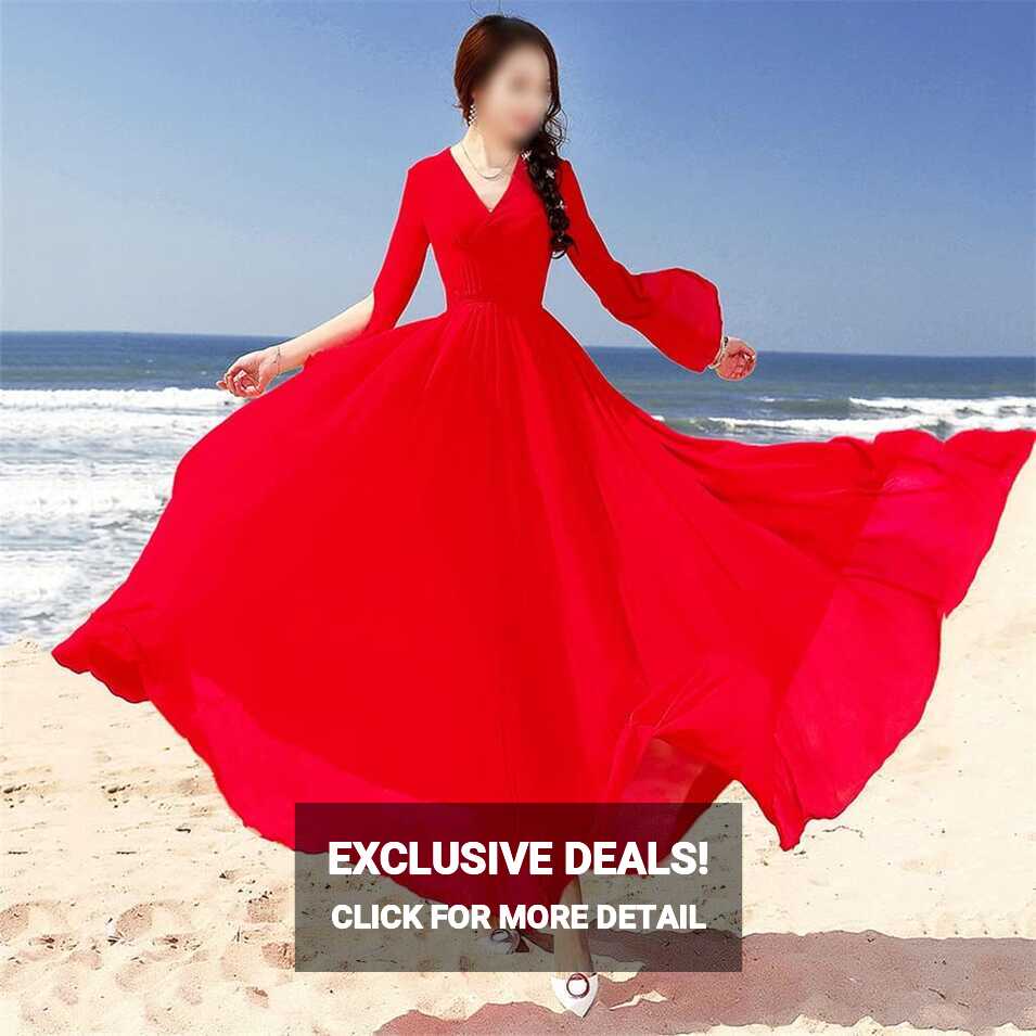 Woman Dress Summer Summer Big Red Dress Big Swing Chiffon Dress ...